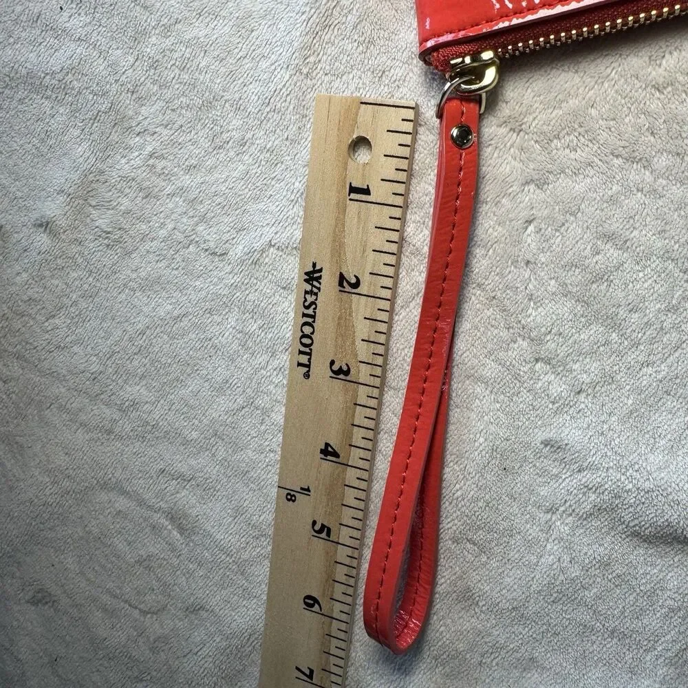 Kate Spade New York Coral Red Pink Patent Logo Zip Wristlet Pouch with Gold